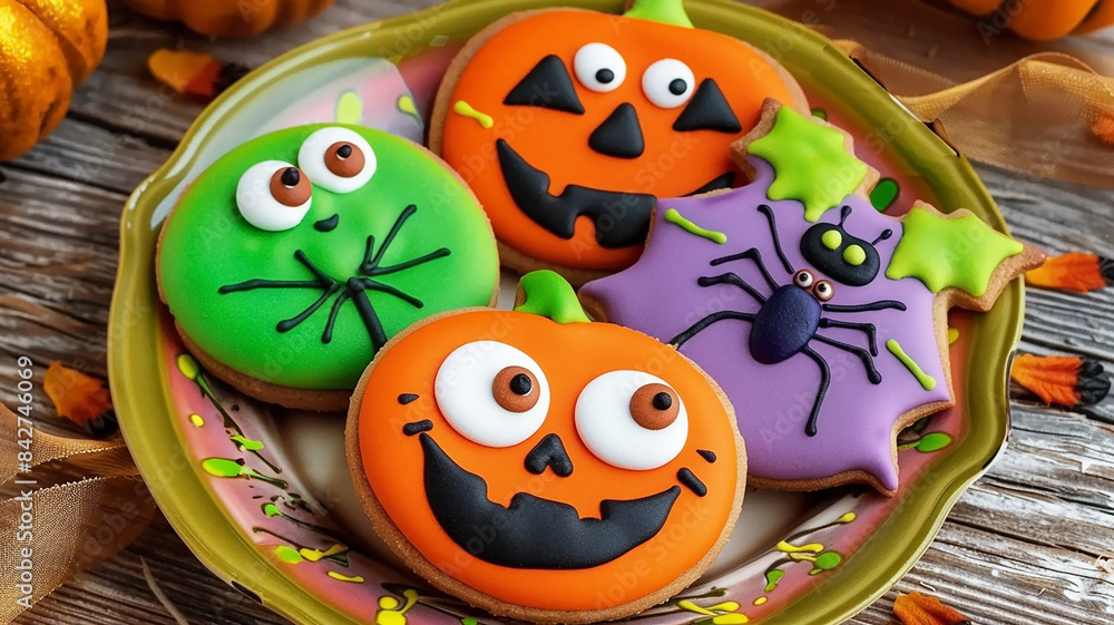 Delicious colorful Halloween cookies with sweet glaze, in the shape of an orange pumpkin, a bat and a spider web, on a decorative plate Delicious colorful Halloween cookies with sweet glaze, in the shape of an orange pumpkin, a bat and a spider web, on a decorative plate