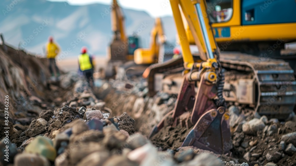 A team of workers using heavyduty machinery to dig deep trenches into the rocky ground as they prepare to lay the foundation for a new structure in the high altitude. A team of workers using heavyduty machinery to dig deep trenches into the rocky ground as they prepare to lay the foundation for a new structure in the high altitude.