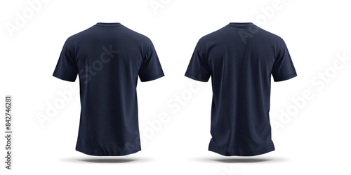 A plain navy blue T-shirt is displayed from both front and back views. The T-shirt features a classic design with short sleeves and a crew neck