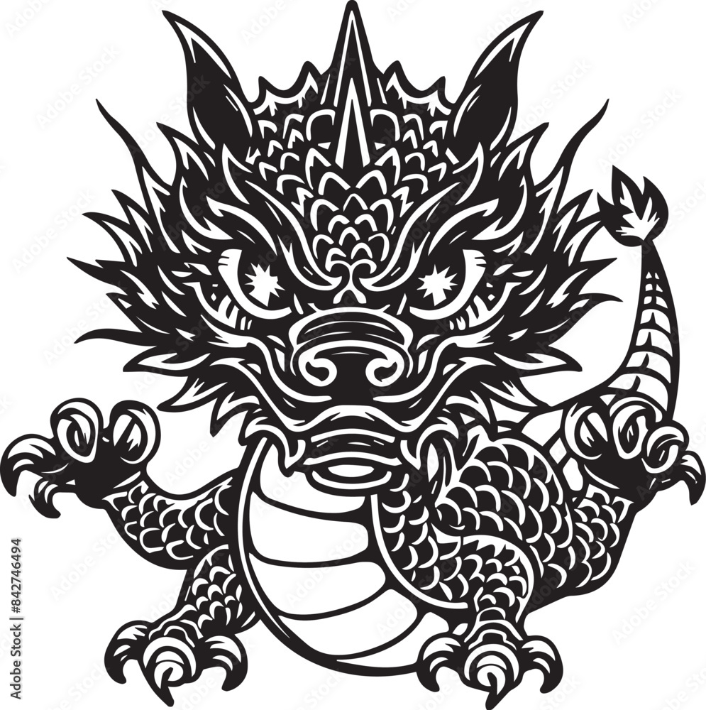 Fototapeta premium Unleash the mythical power with this captivating ink art. Embody strength, wisdom, and ferocity as the intricately designed dragon face adorns your skin, captivating all who behold it.