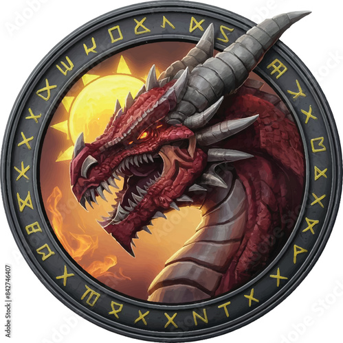 world of warcraft deathwing dragon face on an amulet with a sun on it