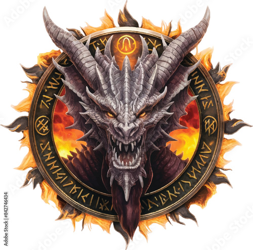 world of warcraft deathwing dragon face on an amulet with a sun on it