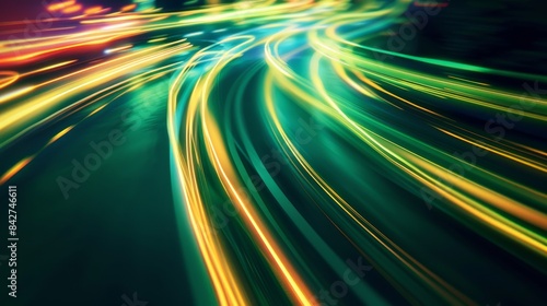 long exposure of neon light trails on a dark road, abstract motion blur. Futuristic technology and speed concept