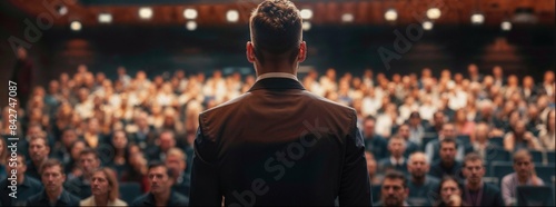 Oratory skills. Motivational speaker on stage. Public speaker delivering a powerful speech, engaging audience.