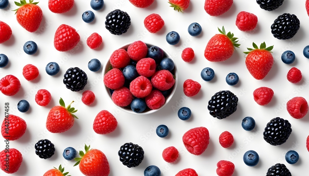 Juicy berries background, including raspberries, blueberries, blackberries, and strawberries, artfully arranged on a minimalist white backdrop Juicy berries background, including raspberries, blueberries, blackberries, and strawberries, artfully arranged on a minimalist white backdrop