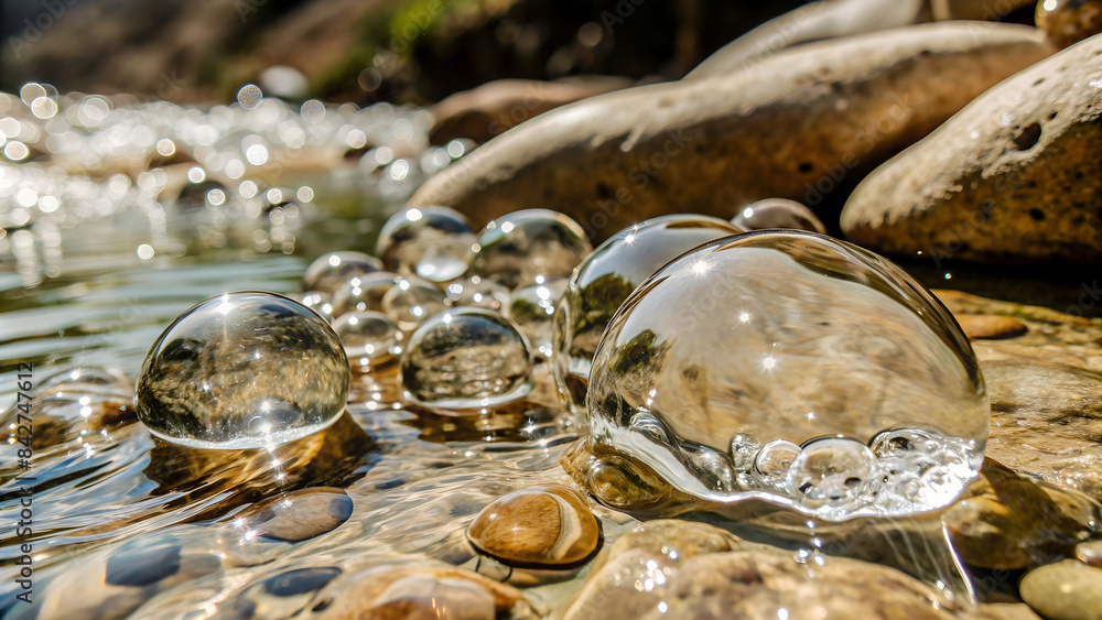 Capture the bubbles forming in a clear mountain stream as it flows over rocks Capture the bubbles forming in a clear mountain stream as it flows over rocks