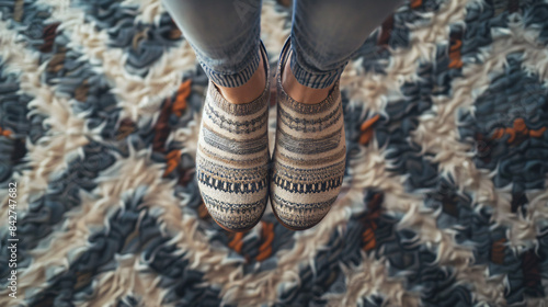Woman standing on carpet with pattern at home closeup.