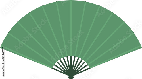 Green hand fan open, providing a cooling breeze on a hot summer day