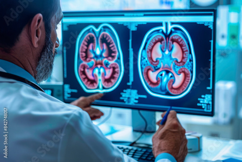 close-up, the doctor looks at the monitor screen ultrasound projection of the kidneys, x-ray of a human organ for a teaching aid, nephrology photo