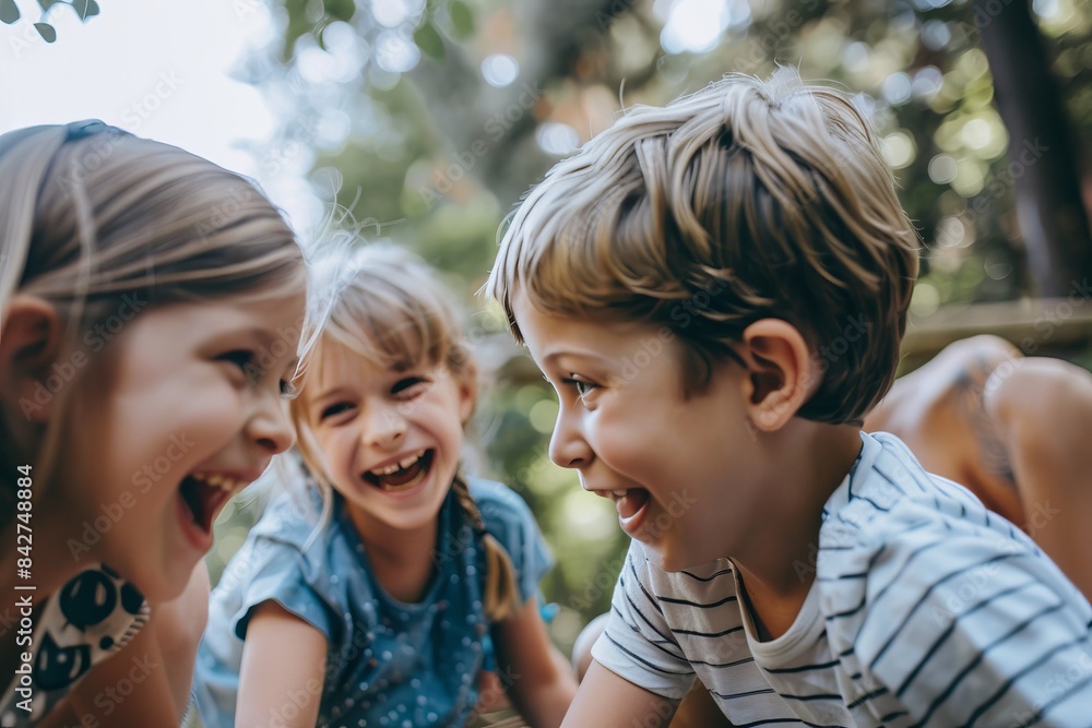 happy children looking at each other while sitting on swing during obstacle course happy children looking at each other while sitting on swing during obstacle course