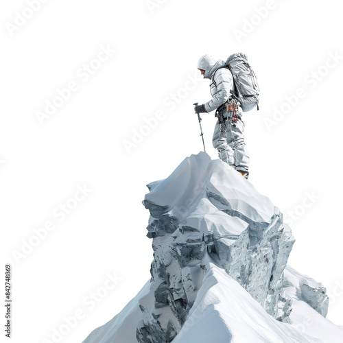 Mountaineer Ascending Snowy Peak in Winter Gear