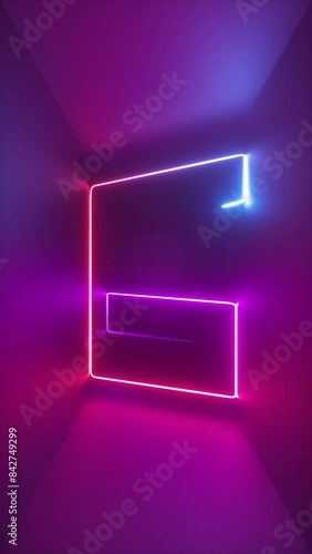 3d abstract ultraviolet background with dynamic glowing neon line moving inside long dark tunnel. Pink blue violet light illumination. Laser ray path, chaotic tangled labyrinth track, lighting beam photo
