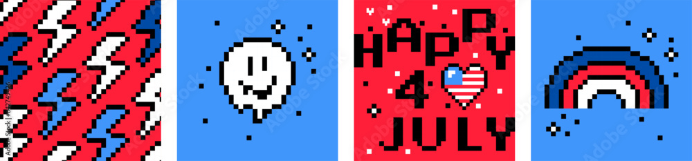 4th of July simple, fun greeting card. American flag, smile, pixel icon set. Pixel art USA Independence Day. Y2k trendy playful pixelated stickers. 8 bit retro style vector illustration in red, blue 4th of July simple, fun greeting card. American flag, smile, pixel icon set. Pixel art USA Independence Day. Y2k trendy playful pixelated stickers. 8 bit retro style vector illustration in red, blue