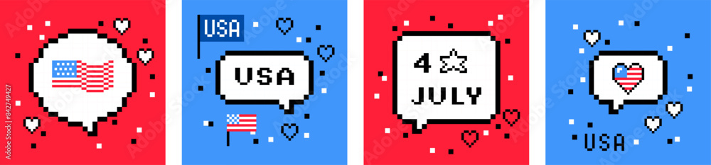 Obraz premium Pixel art USA Independence Day collection. 4th of July. Speech bubble. American flag. Simple, fun pixel icon set. Y2k trendy playful pixelated sticker. 8 bit retro style vector illustration, red, blue