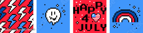 4th of July simple, fun greeting card. American flag, smile, pixel icon set. Pixel art USA Independence Day. Y2k trendy playful pixelated stickers. 8 bit retro style vector illustration in red, blue