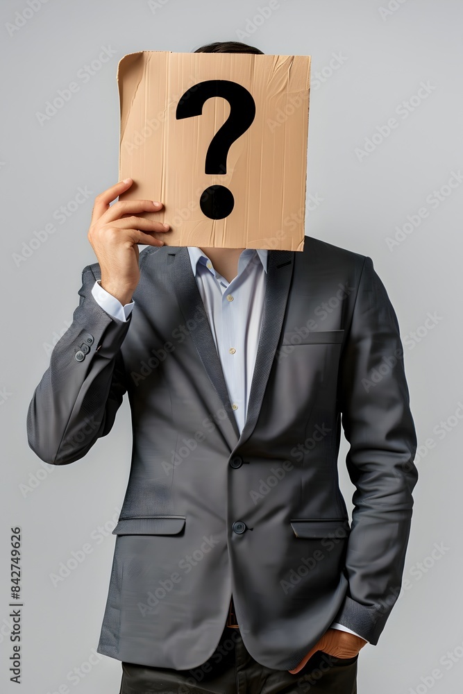 Businessman holding cardboard with question mark on white background