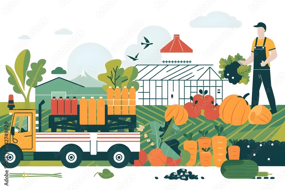 Fototapeta premium A man is holding a basket of vegetables and walking down a road. The road is filled with various types of vegetables, including carrots, apples, and pumpkins. The scene is lively and colorful