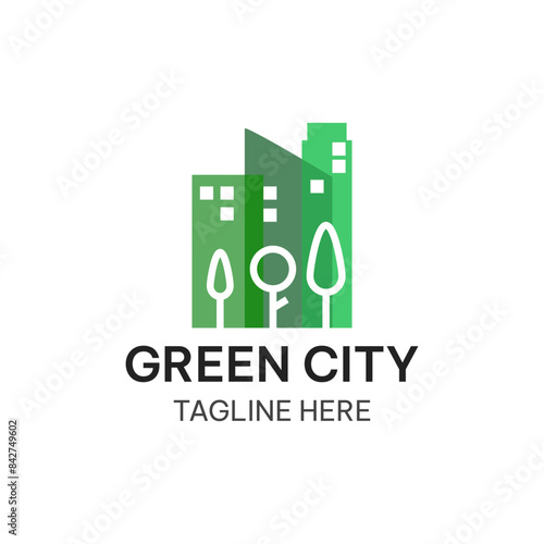 Green city logo concept with buildings and trees. Eco city vector illustration