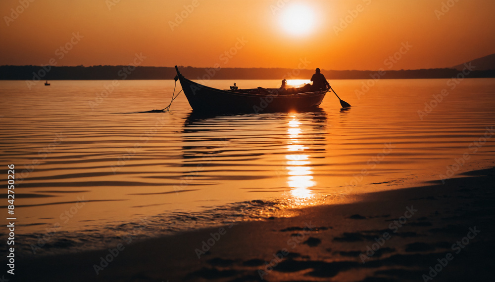 Obraz premium Boat at sea at sunset