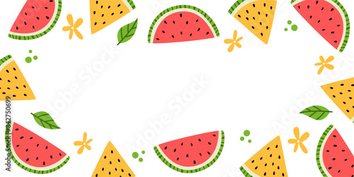 Summer Frame with Watermelon Slices and Leaves. Cute Colorful Fruit Background. Vector Blank Template with Space for Text.