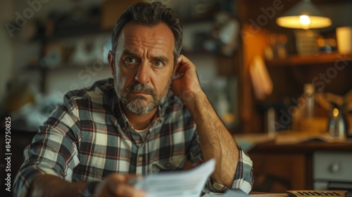 Pensive middle-aged man deeply engrossed in analyzing important papers, concentration evident © familymedia