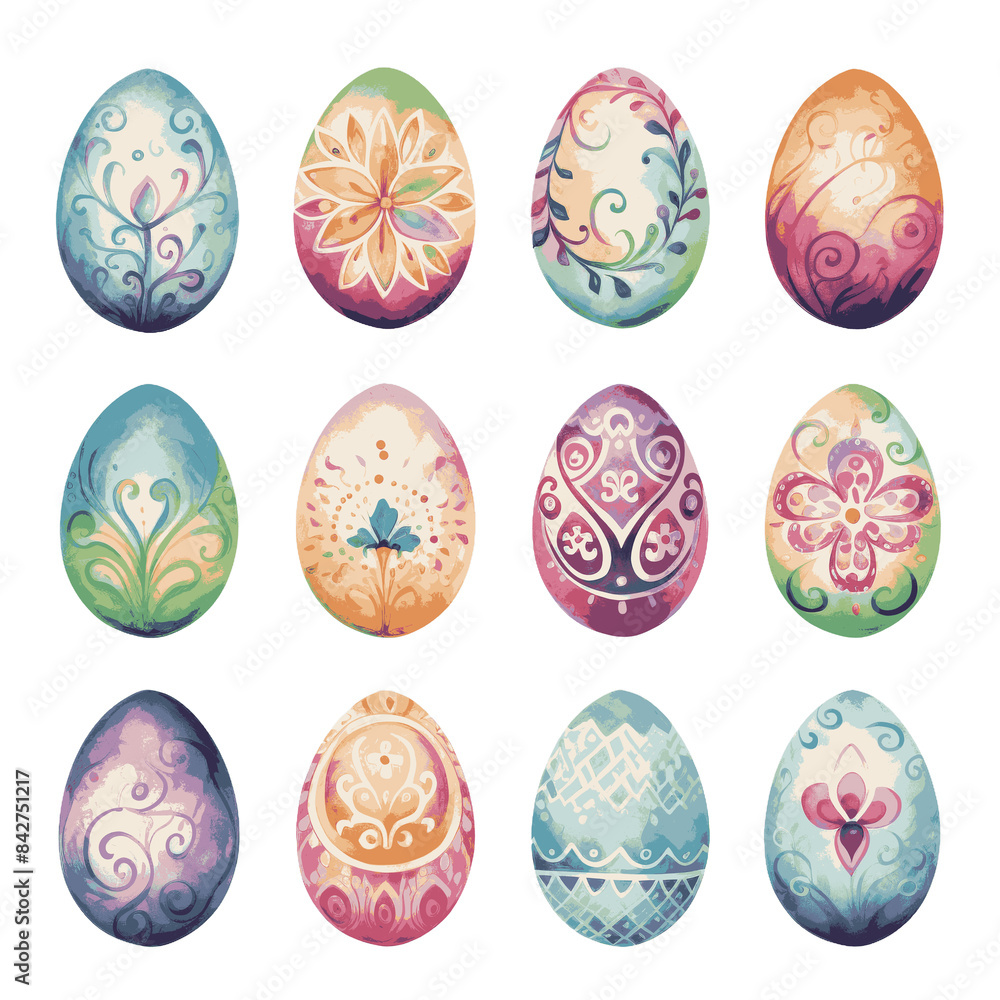 A set of six colorful Easter egg illustrations, each with a unique watercolor pattern. Perfect for Easter designs and crafts A set of six colorful Easter egg illustrations, each with a unique watercolor pattern. Perfect for Easter designs and crafts