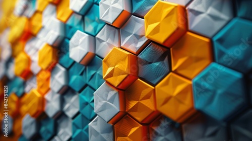 A diagonal view of a 3D hexagonal pattern wall in varying shades of blue and orange