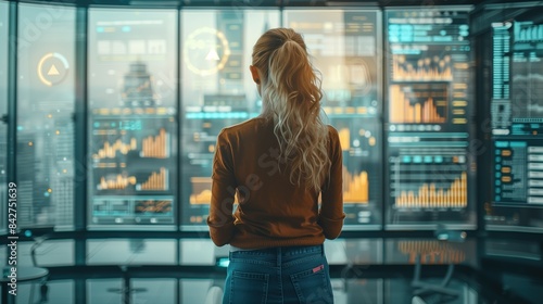 Woman Analyzing Data on Multiple Digital Screens in a Modern Office 