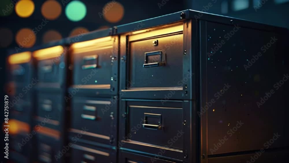 A dark room with several metal filing cabinets with their drawers closed. A dark room with several metal filing cabinets with their drawers closed.