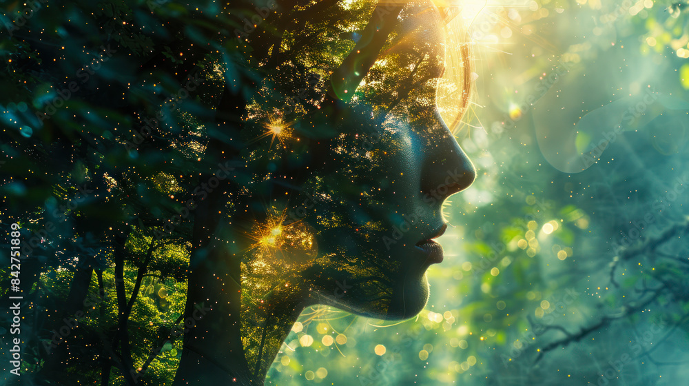 double exposure of beautiful woman face profile silhouette and green ...