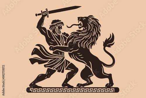 An ancient Greek warrior with a sword fights with a lion. Antique illustration. silhouette drawing. Engraving