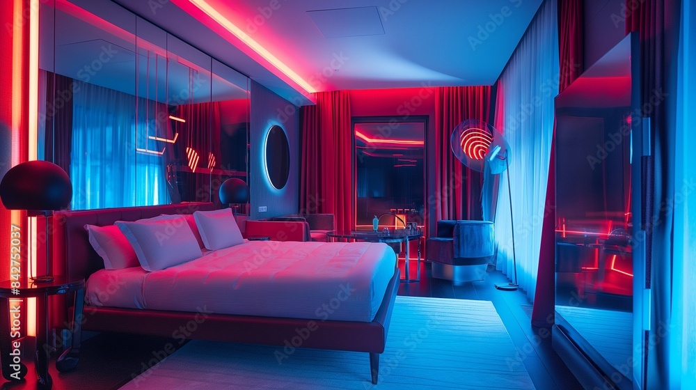 A modern hotel room with neon red and blue lights reflecting off metallic surfaces and high-end furnishings A modern hotel room with neon red and blue lights reflecting off metallic surfaces and high-end furnishings