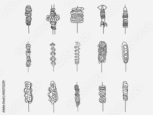 set of skewered street foods outline icon.grill menu on stick vector design