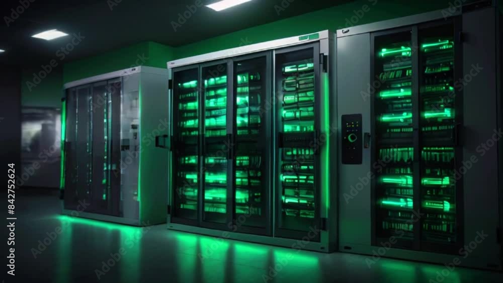 A dark room with green lights illuminating rows of metal server cabinets. A dark room with green lights illuminating rows of metal server cabinets.