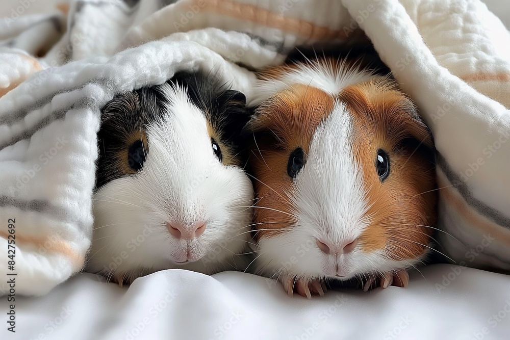 Photo of cute guinea pigs snuggled up under the blanket in a cozy living room setting, with a soft focus on their faces creating a warm and inviting atmosphere. Photo of cute guinea pigs snuggled up under the blanket in a cozy living room setting, with a soft focus on their faces creating a warm and inviting atmosphere.