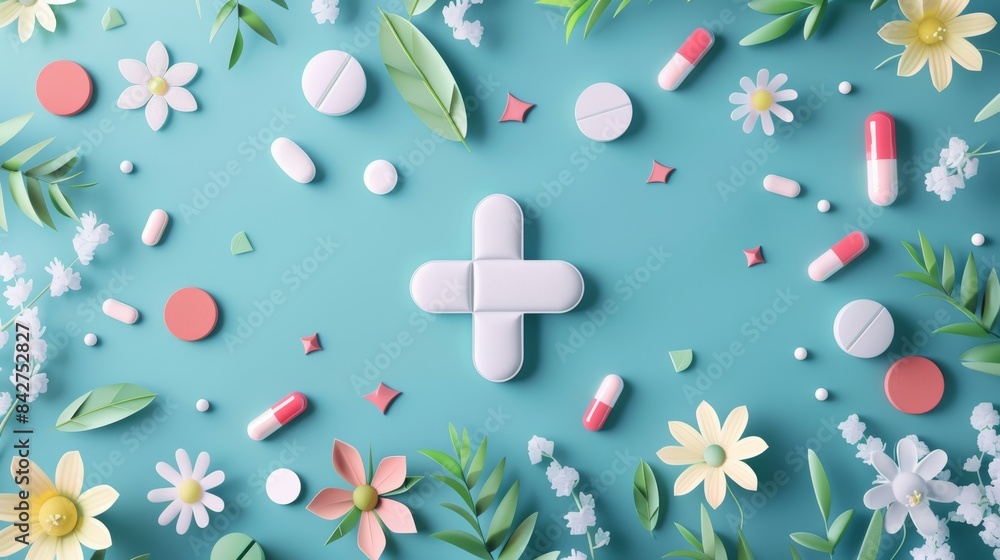 image celebrating World First Aid Day with a large white cross surrounded by floral accents and first aid supplies image celebrating World First Aid Day with a large white cross surrounded by floral accents and first aid supplies