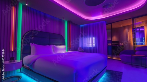 A sleek hotel room with a futuristic design, neon purple and green lights creating an ethereal atmosphere