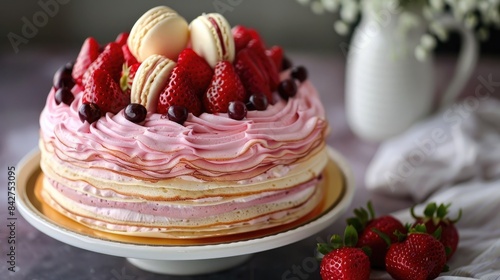 Strawberry Mille Crepe Cake with Macaron Topping A Perfect Birthday Fruitcake