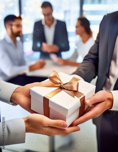 Co-workers exchanging a birthday gift at work in a business office. A workplace celebration party.