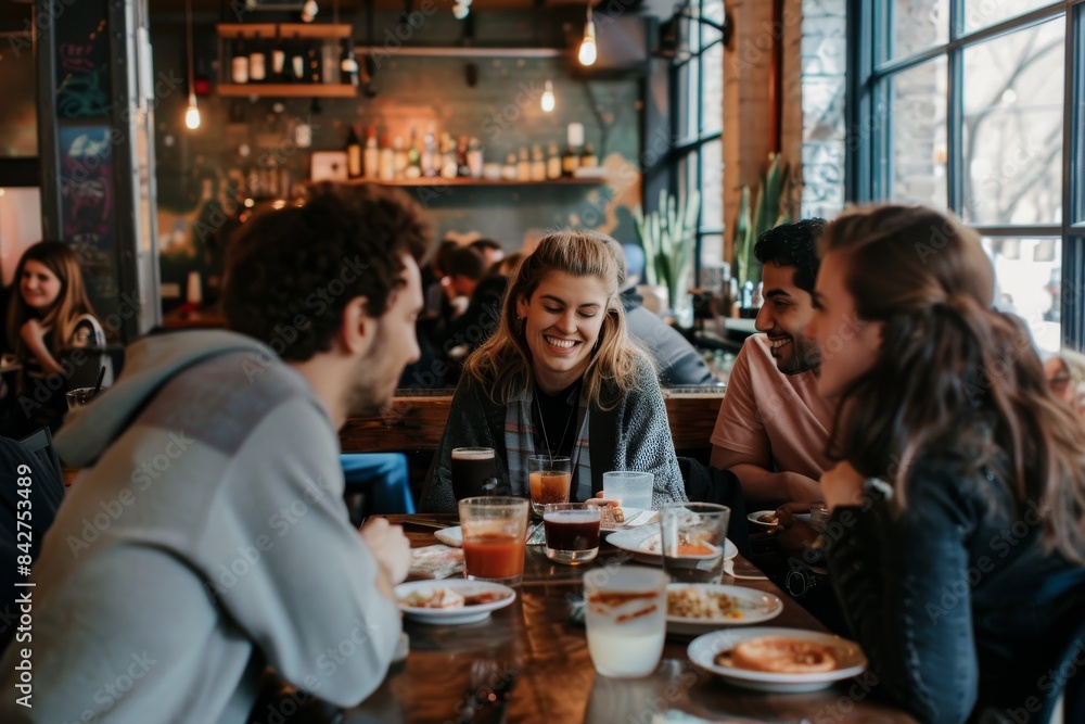 Group of young people having fun in a coffee shop. Friends having fun in a cafe. Group of young people having fun in a coffee shop. Friends having fun in a cafe.