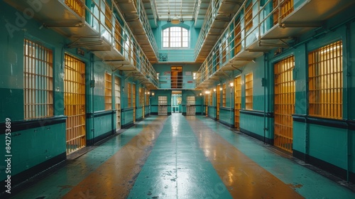 Bright light streams in from the window, illuminating a colorfully painted prison hall with two levels of cell blocks photo