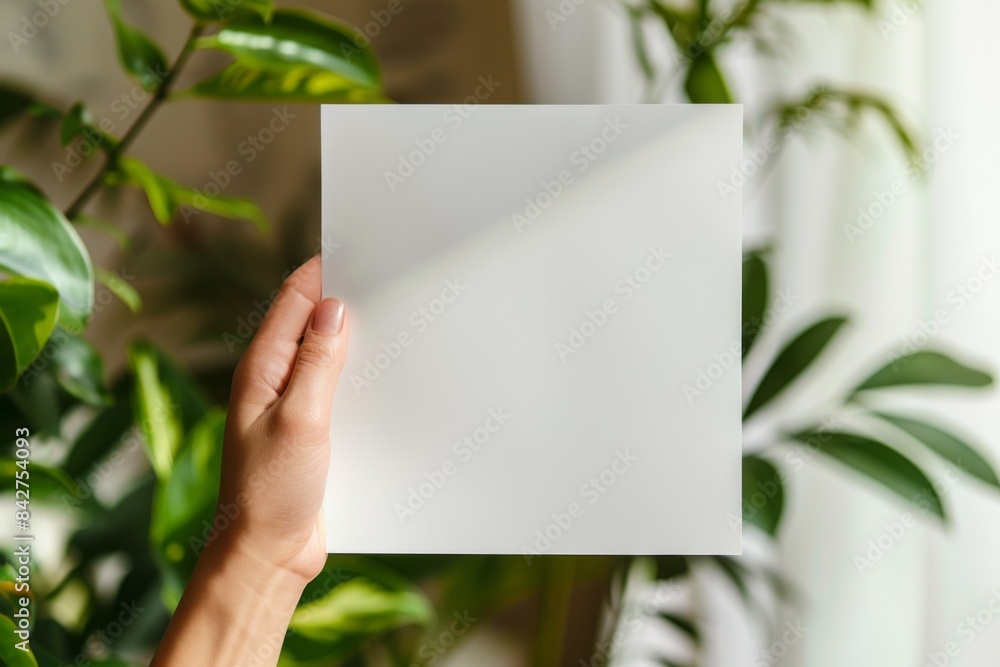 Blank paper mockup on hand created with generative AI Blank paper mockup on hand created with generative AI