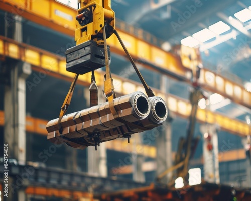 Image of an industrial crane lifting heavy materials. It showcases a robust construction and impressive lifting capacity. photo