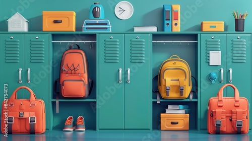 School lockers with items, equipments and accessoires for education. Back to school photo