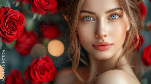 Close-up of a captivating woman with striking blue eyes among red roses and soft bokeh lights