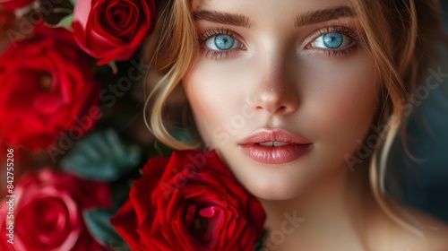 Close-up image of a woman with a dreamy expression surrounded by red roses, emanating romance and beauty