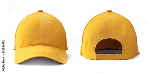 A plain yellow baseball cap is shown from both front and back views. The cap features a classic design with a curved brim, ventilation holes, and an adjustable strap at the back