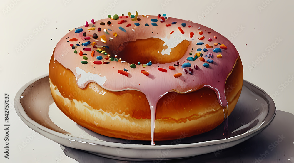 Watercolor Painting of a Donut on a plate Watercolor Painting of a Donut on a plate