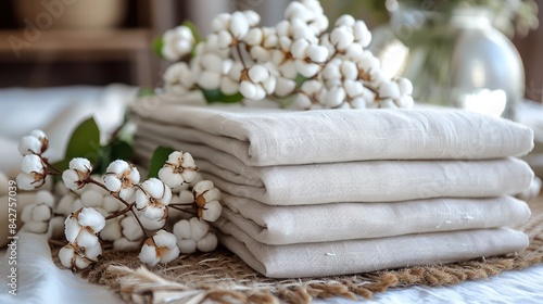 White natural cotton or linen fabrics, muslin towels and cotton sprigs. Generative AI