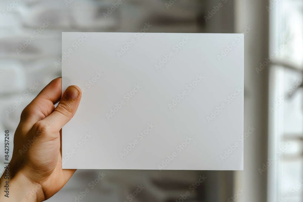 Blank paper mockup on hand created with generative AI Blank paper mockup on hand created with generative AI